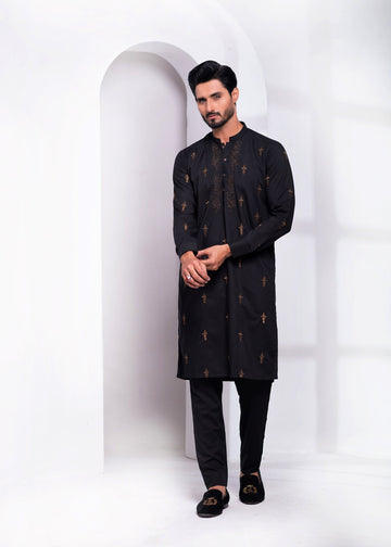 Black Color Block Embroidered Kurta Pajama For Men